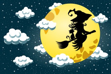 Silhouette genç cadı ve yıldızlı gökyüzünün gece bir süpürge üzerinde uçan kedi