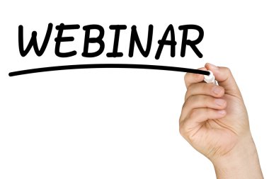 Webinar açık cam beyaz tahta üzerinde yazma el