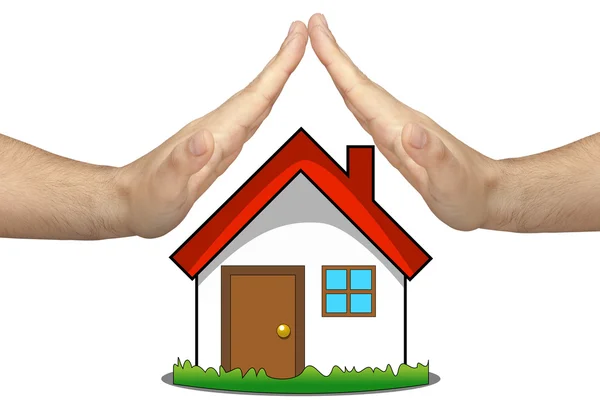 Hands protecting drawn home isolated — Stock Photo, Image