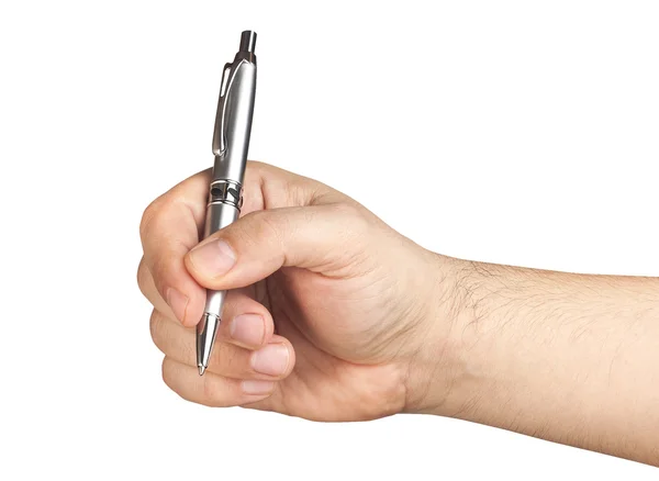 Mano masculina sosteniendo bolígrafo de plata aislado — Foto de Stock