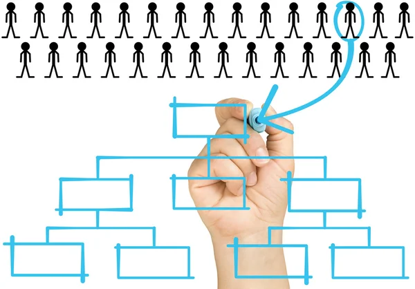 Kuruluş şeması izole açık cam beyaz tahta üzerinde en yüksek konumunu yerleştirmek için en iyi aday seçerek el