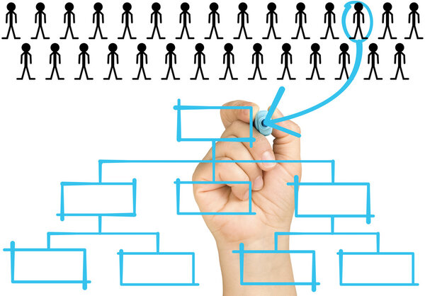 ручной выбор лучшего кандидата для размещения в наивысшей позиции организационной диаграммы на прозрачной стеклянной доске изолированы
