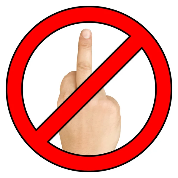 Forbidden sign symbol on female hand in a gesture meaning in Western cultures Fuck you or fuck off isolated — Stock Photo, Image