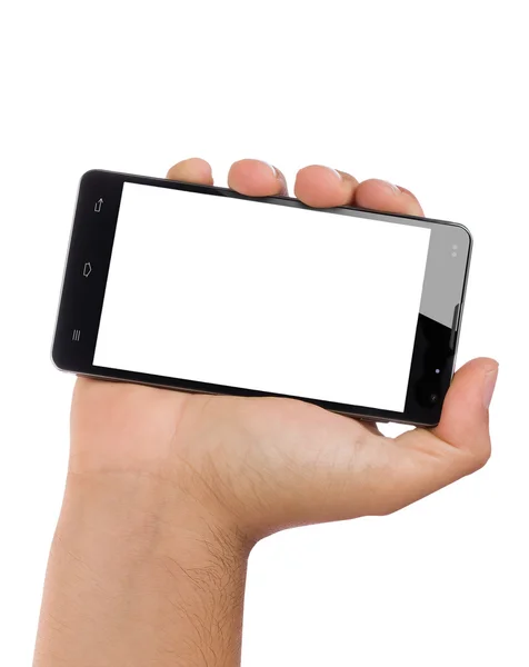 Ręka trzyma krajobraz orientacji pusty ekran Smartphone na białym tle — Zdjęcie stockowe