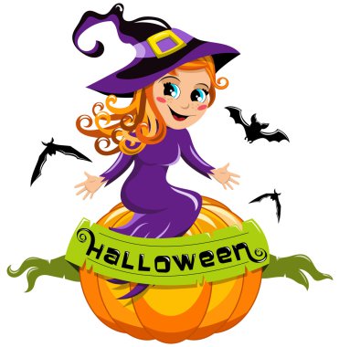 İzole Cadılar Bayramı sunulması kabak üzerinde oturan genç cadı