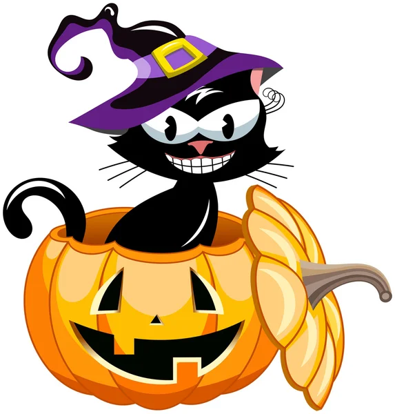 Usmíval se černá kočka klobouk čarodějnice uvnitř halloween dýně — Stockový vektor