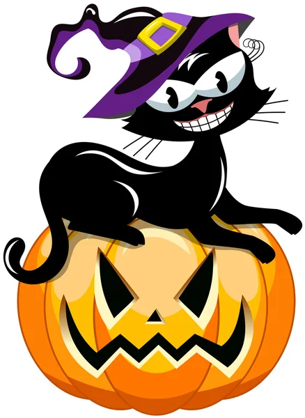 Černá kočka čarodějnice klobouk na halloween dýně — Stockový vektor