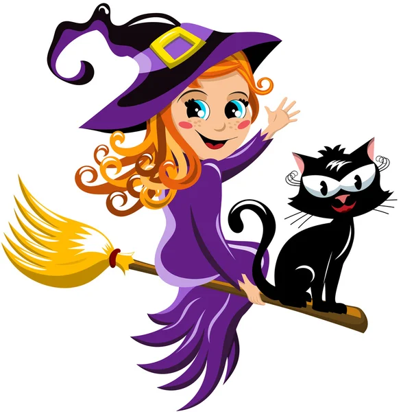 Jeune sorcière et chat noir volant sur un balai — Image vectorielle