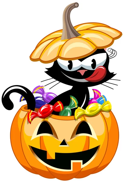 Greedy Black Cat inside halloween bucket full of sweets — Stock Vector