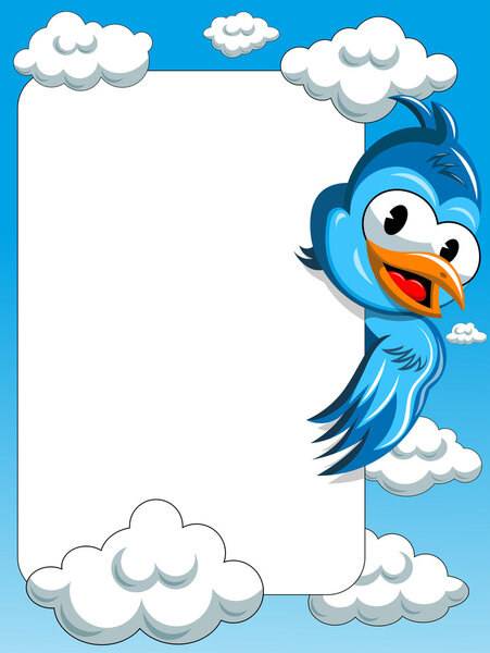 Cartoon bird behind vertical blank frame in the sky