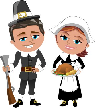 Happy Man and Woman Pilgrims with rifle and roasted turkey isolated clipart