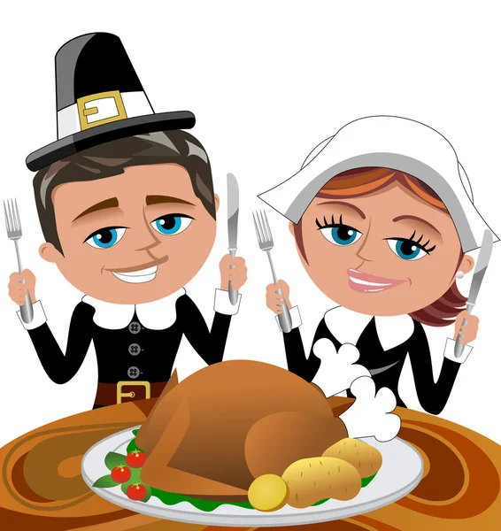 Happy Man and Woman Pilgrims eating Roasted Turkey isolated — Stock Vector