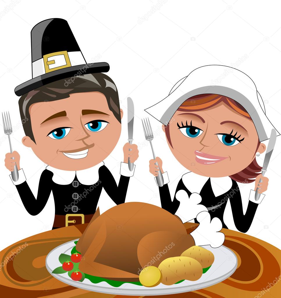 Happy Man and Woman Pilgrims eating Roasted Turkey isolated
