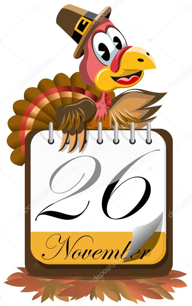 Cartoon turkey with pilgrim hat presenting Thanksgiving Day calendar on floor of autumn leaves
