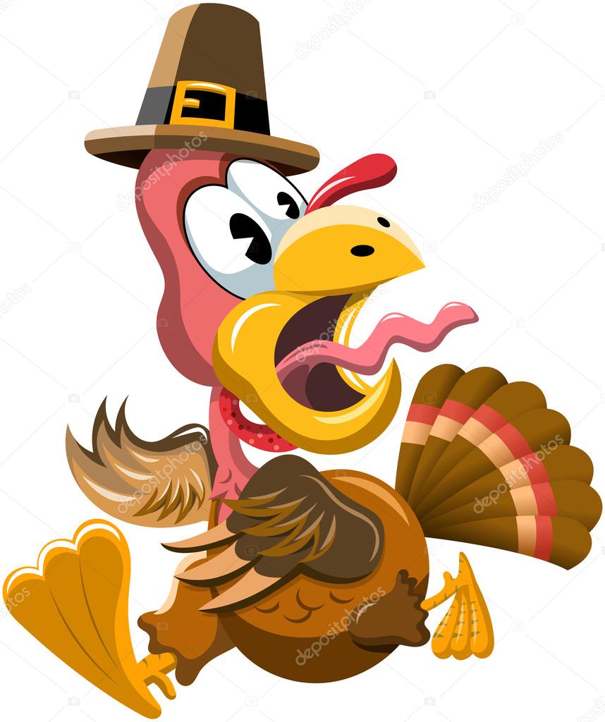 Cartoon Frightened Turkey Escaping at Thanksgiving Day isolated
