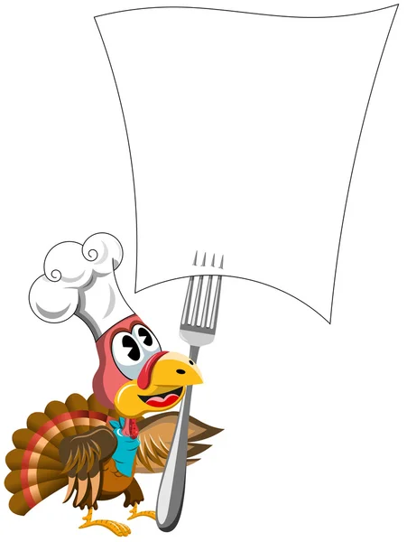 Cartoon Thanksgiving kalkon med cook hatt tittar på kluven Tom recept papper isolerade — Stock vektor