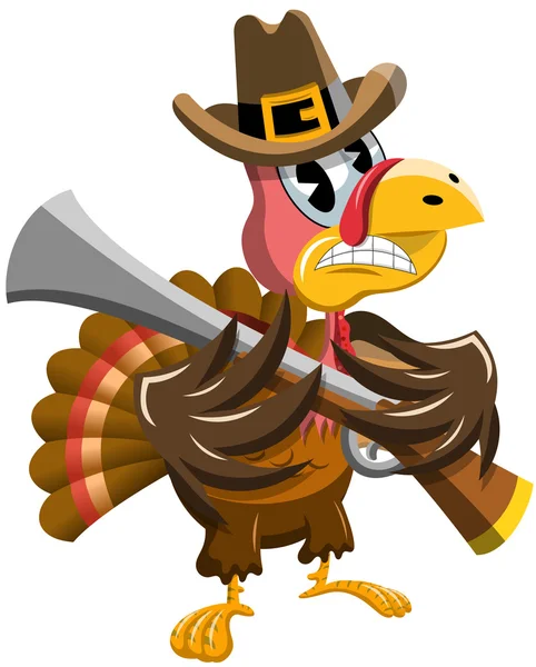 Cartoon Thanksgiving Threatening Turquía con Rifle aislado — Vector de stock