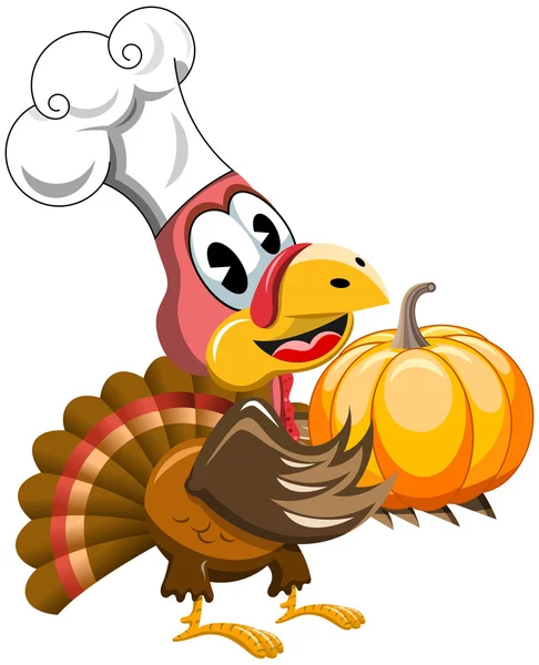 Feliz pavo de Acción de Gracias con sombrero de chef que sostiene toda la calabaza aislada — Vector de stock