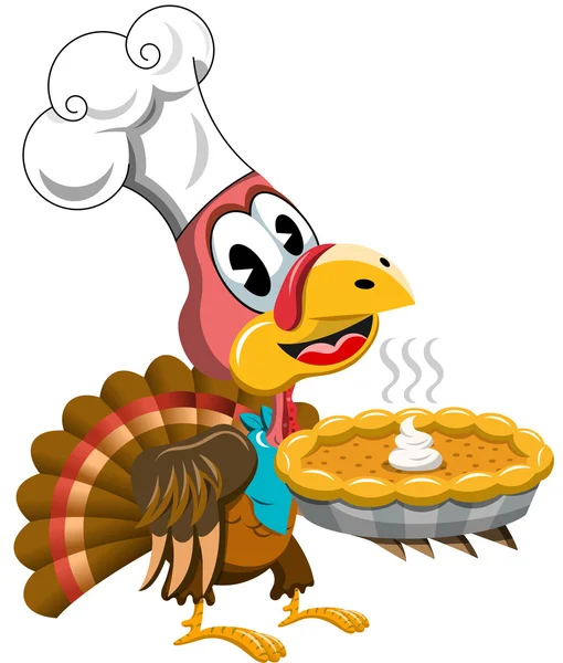 Happy Thanksgiving Turkije met chef-kok hoed Holding pompoen Pie geïsoleerde — Stockvector