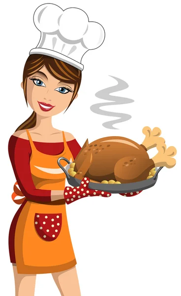 Smiling Woman Cook showing Thanksgiving Roast Turkey with potatoes isolated — Stock Vector