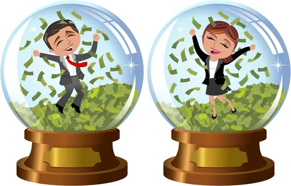 Successful businesswoman and businessman exulting and jumping under money rain inside snowglobe isolated — Stock Vector