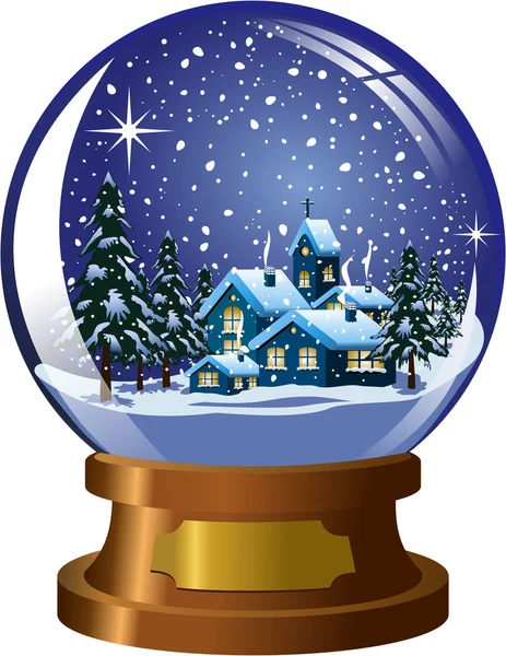 Snowglobe met binnen Kerstmis nachtelijke winterlandschap onder sneeuwval geïsoleerd — Stockvector