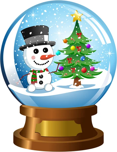 Bola de nieve con muñeco de nieve interior y árbol de Navidad bajo nevadas aisladas — Vector de stock