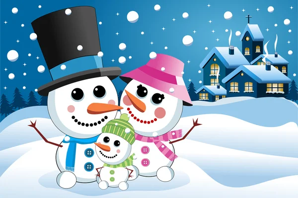 Família boneco de neve feliz sob queda de neve contra a paisagem noturna — Vetor de Stock