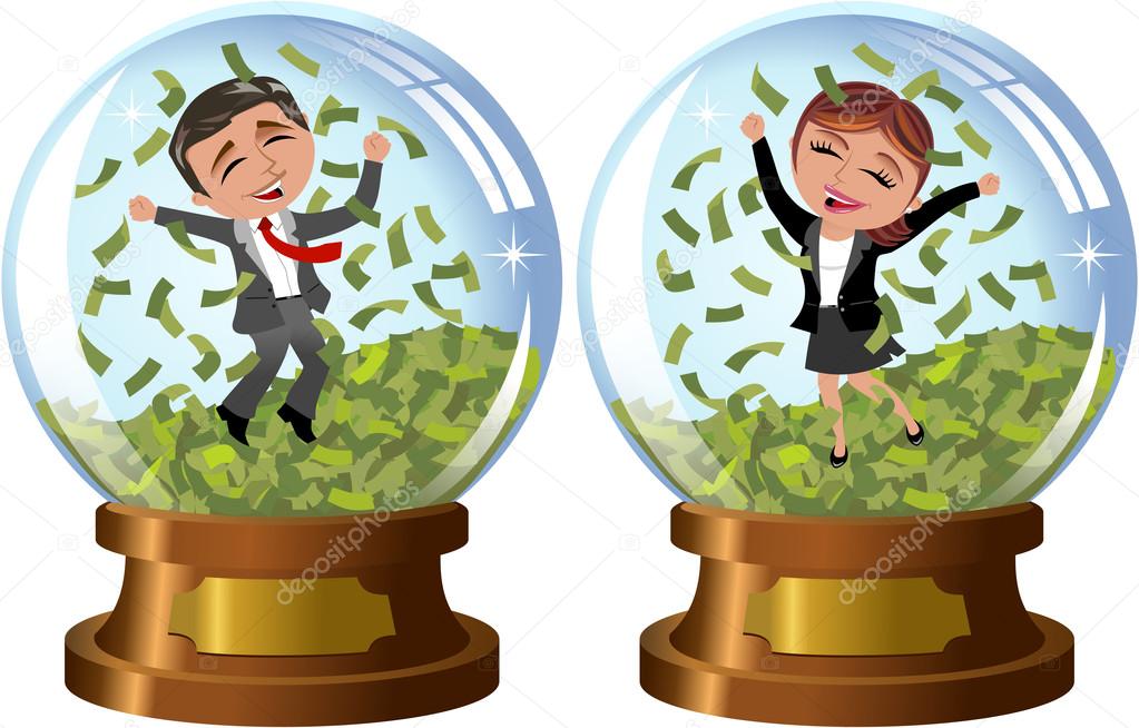 Successful businesswoman and businessman exulting and jumping under money rain inside snowglobe isolated