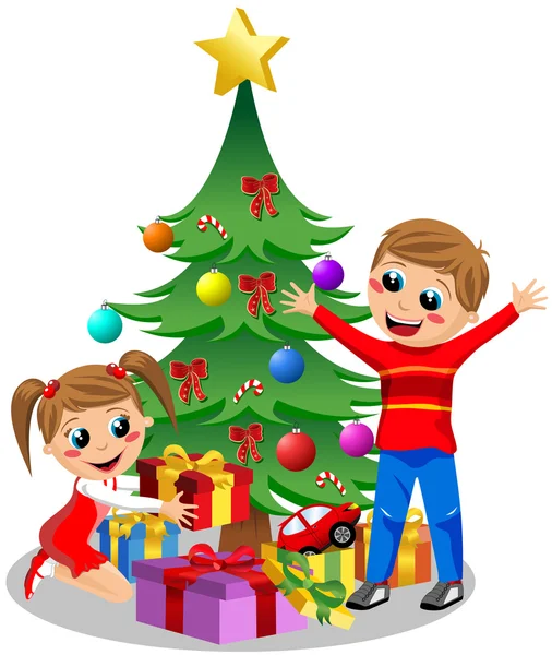 Happy kids opening Christmas gifts next to Christmas tree isolated — Stock Vector