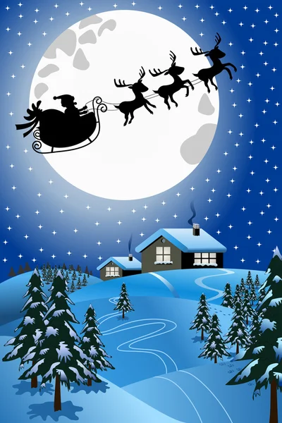 Yılbaşı gecesini Noel Baba siluet onun kızak veya karlı kış peyzaj üzerinde uçan Ren geyiği tarafından çekti kızak ile