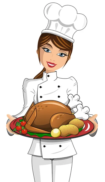 Woman Chef holding roasted turkey plate isolated — Stock Vector