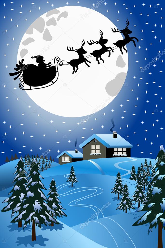 Christmas Night with silhouette of Santa Claus in his sled or sleigh pulled by reindeer flying over winter snowy landscape