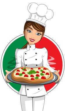 İtalyan kadın aşçı izole pizza hizmet veren üniformalı