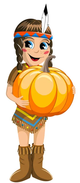 Little Girl in Native American Indian Costume Holding Pumpkin Isolated — Stock Vector