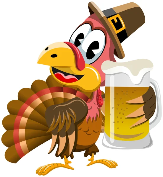 Happy Thanksgiving Turkey holding Beer mug isolated — Stock Vector