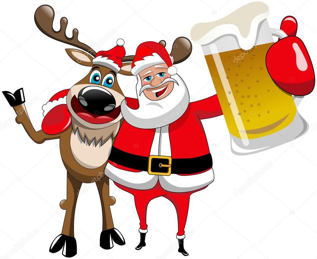 Reindeer and Santa Claus Hugging and holding Beer Mug isolated
