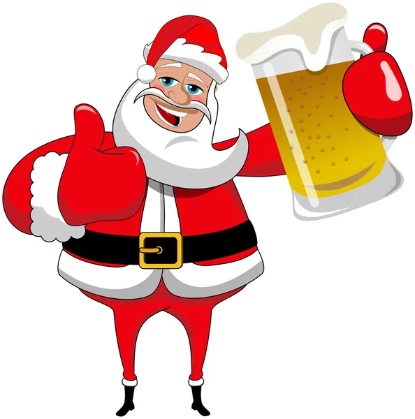 Happy Santa Claus with thumb up and beer mug isolated on white — Stock Vector