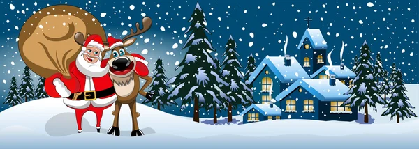Papai Noel abraçando renas na bandeira da neve — Vetor de Stock