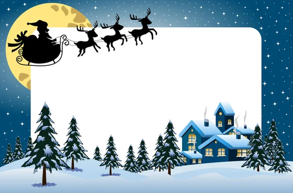 Vánoční rám představovat silueta Santa Claus létání s sáně v noci nad vánočními zasněženou krajinou — Stockový vektor