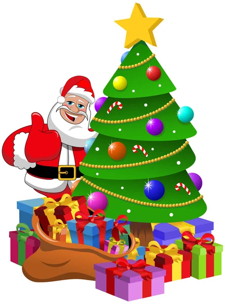 Babbo Natale Pollice dietro l'albero di Natale con scatole regalo isolate — Vettoriale Stock