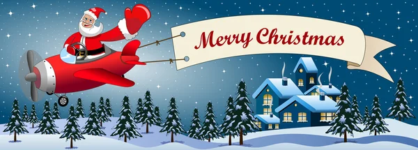 Мультфільм Санта Клауса літає на літаку з веселим різдвяним банером повідомлень на різдвяну ніч над засніженим пейзажем — стоковий вектор