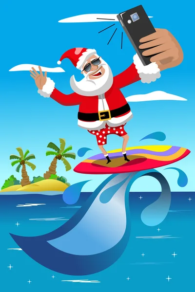 Santa Claus surft und macht Selfie im tropischen Meer — Stockvektor