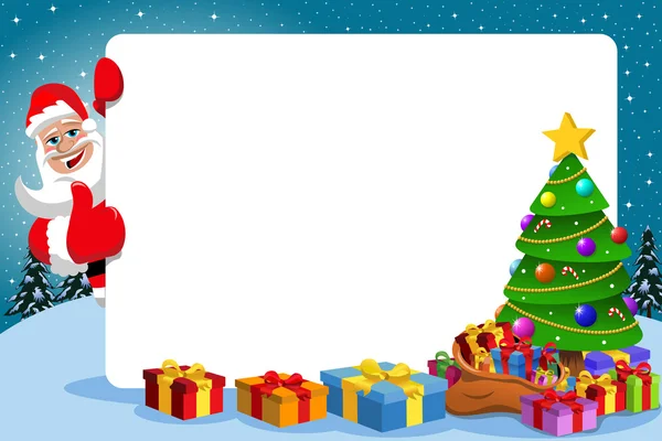 Санта-Клаус з великим пальцем вгору за порожньою горизонтальною рамкою з прикрашеною ялинкою, повна подарункових коробок — стоковий вектор