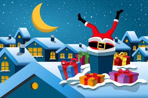 Santa Claus megragadt-ban a kémény fejjel lefelé karácsony éjjel — Stock Vector
