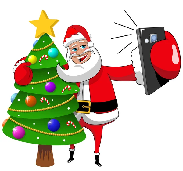 Moș Crăciun îmbrățișarea copac de Crăciun decorat și luând selfie izolat — Vector de stoc