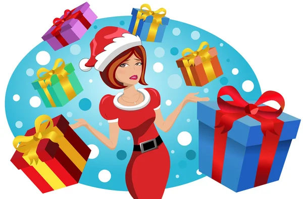 문제 및 격리 크리스마스 쇼핑에 대 한 스트레스는 크리스마스 모자를 입고 아름 다운 우아한 여자 — 스톡 벡터