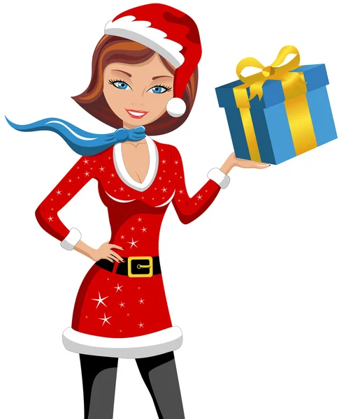 Schöne Frau im Weihnachtskleid hält Geschenk isoliert — Stockvektor