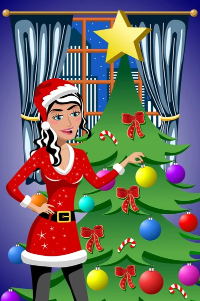 Beautiful woman in xmas dress decorating christmas tree putting on xmas balls — Stock Vector