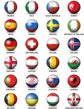 Futbol topu izole Euro 2016 Futbol Şampiyonası final Turnuvası katılan Avrupa ülkelerinin bayrakları ile ilgili